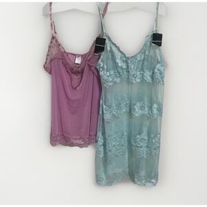 2 Rampage Y2K Babydoll Sheer TANK TOP Lace Cami Baby Pink Blue L/XL Vtg